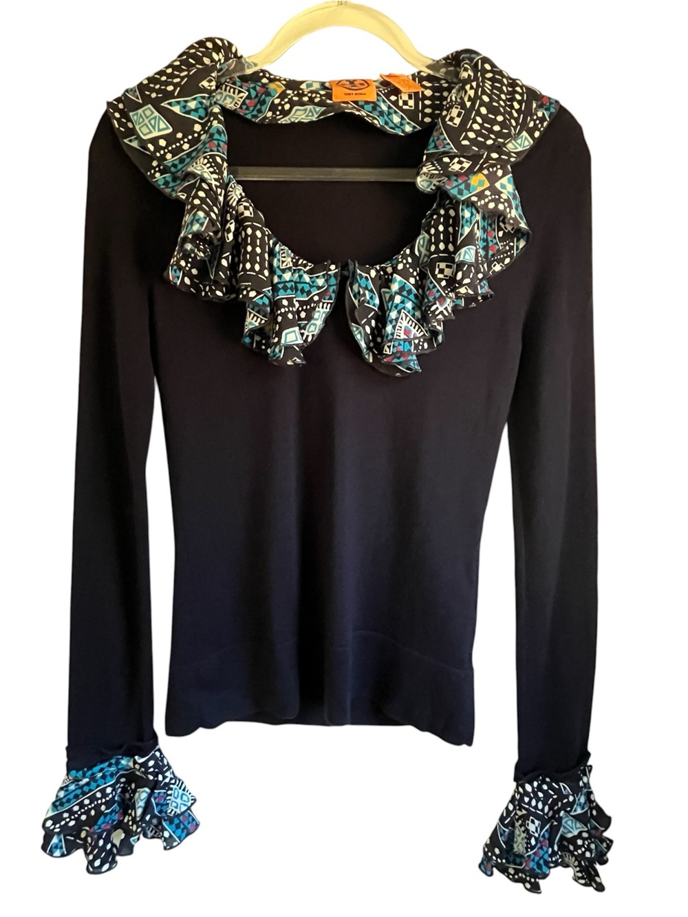 Tory Burch 3-in-1 Merino Wool &
Silk Ruffle Preppy Coquette Sweater SZ SM